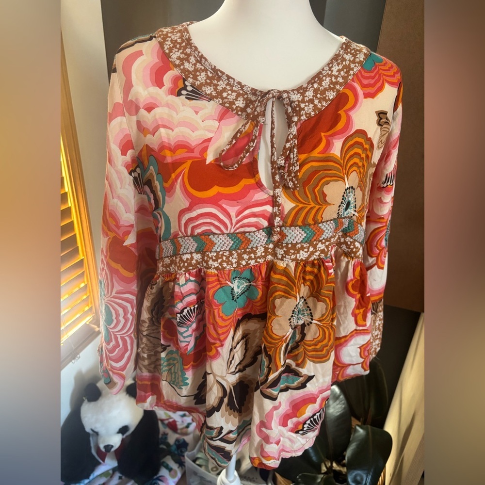 Ivy Jane Boho Floral Empire Waist Babydoll Tunic Top M/L
